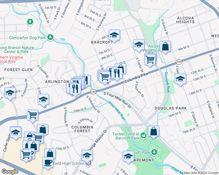 map of restaurants, bars, coffee shops, grocery stores, and more near Columbia Pike & South Buchanan Street in Arlington