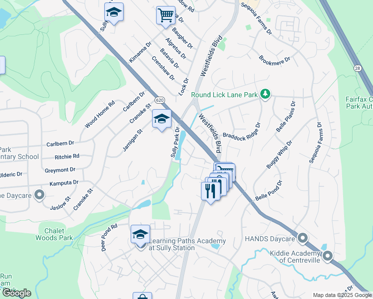 map of restaurants, bars, coffee shops, grocery stores, and more near 14610 Creek Valley Court in Centreville