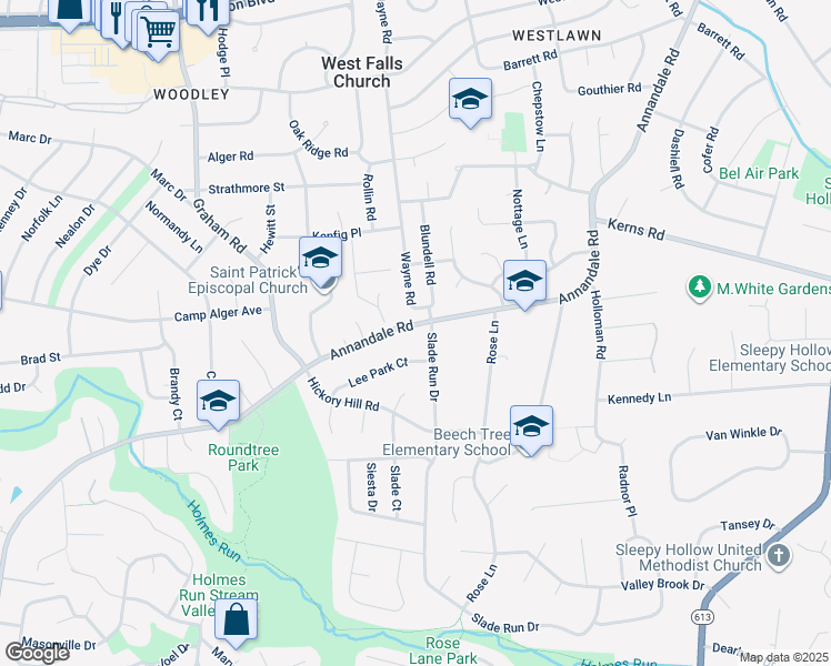 map of restaurants, bars, coffee shops, grocery stores, and more near 3263 Annandale Road in Falls Church