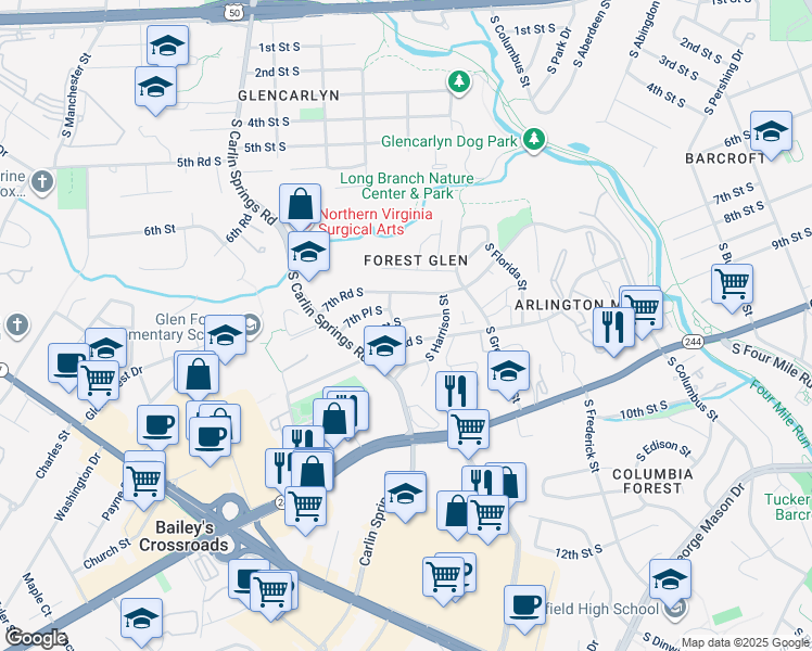 map of restaurants, bars, coffee shops, grocery stores, and more near 5510 8th Street South in Arlington