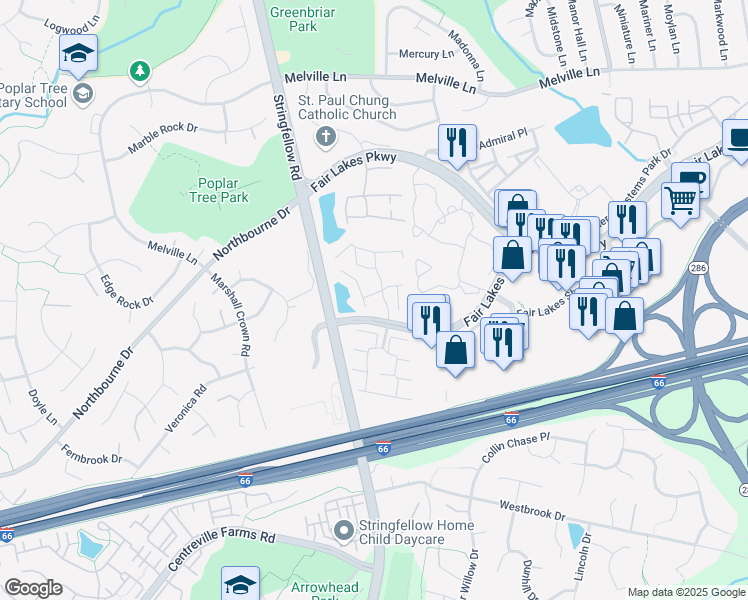 map of restaurants, bars, coffee shops, grocery stores, and more near 12337 Brook Mist Lane in Fairfax