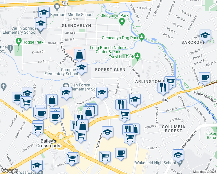 map of restaurants, bars, coffee shops, grocery stores, and more near 5508 8th Street South in Arlington