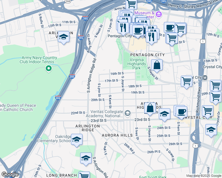 map of restaurants, bars, coffee shops, grocery stores, and more near 1038 18th Street South in Arlington