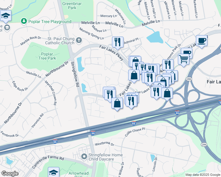 map of restaurants, bars, coffee shops, grocery stores, and more near 13058 Autumn Woods Way in Fairfax