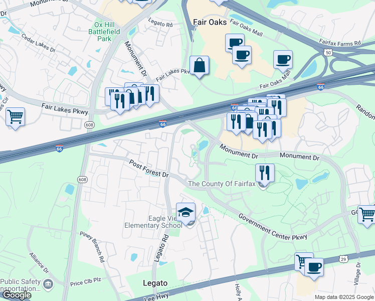 map of restaurants, bars, coffee shops, grocery stores, and more near 12055 Government Center Parkway in Fairfax