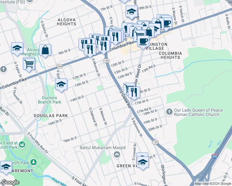 map of restaurants, bars, coffee shops, grocery stores, and more near 3424 15th Street South in Arlington