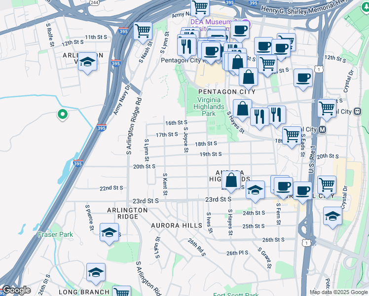 map of restaurants, bars, coffee shops, grocery stores, and more near 1800 South Joyce Street in Arlington
