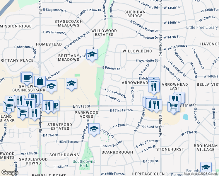 map of restaurants, bars, coffee shops, grocery stores, and more near 1921 East Mohawk Circle in Olathe