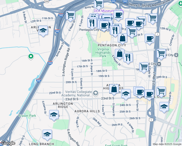 map of restaurants, bars, coffee shops, grocery stores, and more near 1800 South Joyce Street in Arlington