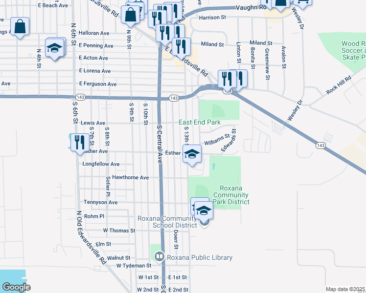 map of restaurants, bars, coffee shops, grocery stores, and more near 239 South 13th Street in Wood River