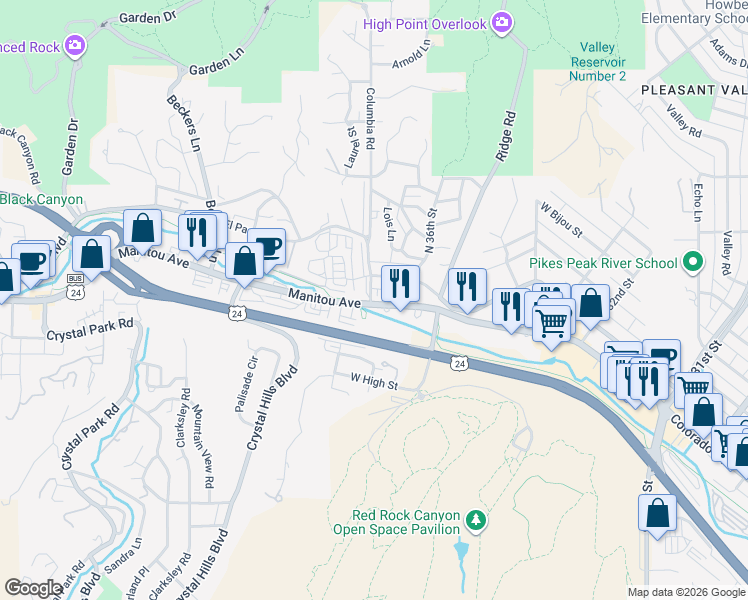 map of restaurants, bars, coffee shops, grocery stores, and more near 3629 West Pikes Peak Avenue in Colorado Springs