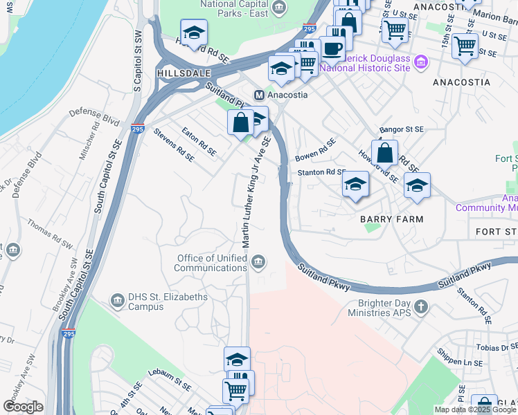 map of restaurants, bars, coffee shops, grocery stores, and more near 2652 Martin Luther King Junior Avenue Southeast in Washington