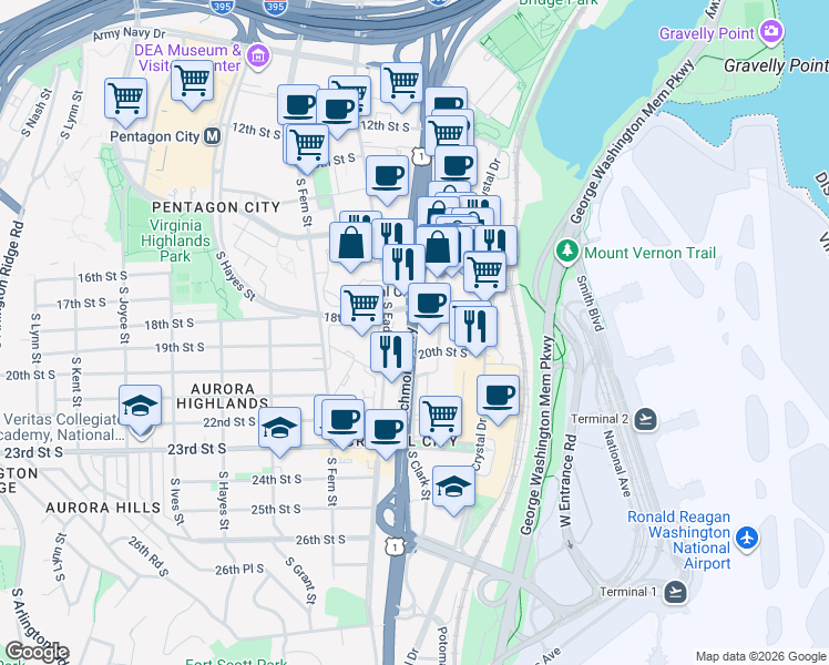 map of restaurants, bars, coffee shops, grocery stores, and more near in Arlington
