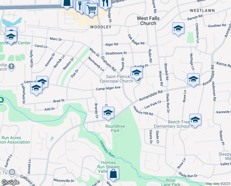 map of restaurants, bars, coffee shops, grocery stores, and more near 3301 Dauphine Drive in Falls Church