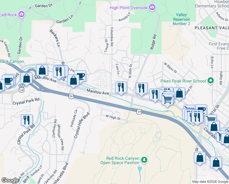 map of restaurants, bars, coffee shops, grocery stores, and more near 3629 West Pikes Peak Avenue in Colorado Springs