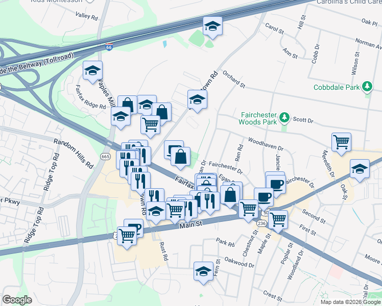 map of restaurants, bars, coffee shops, grocery stores, and more near 3901 Jermantown Road in Fairfax