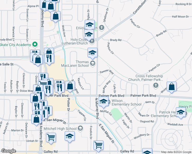 map of restaurants, bars, coffee shops, grocery stores, and more near 1690 North Murray Boulevard in Colorado Springs