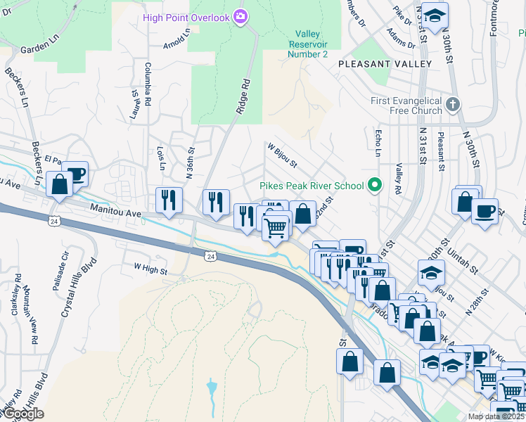 map of restaurants, bars, coffee shops, grocery stores, and more near 3320 West Pikes Peak Avenue in Colorado Springs