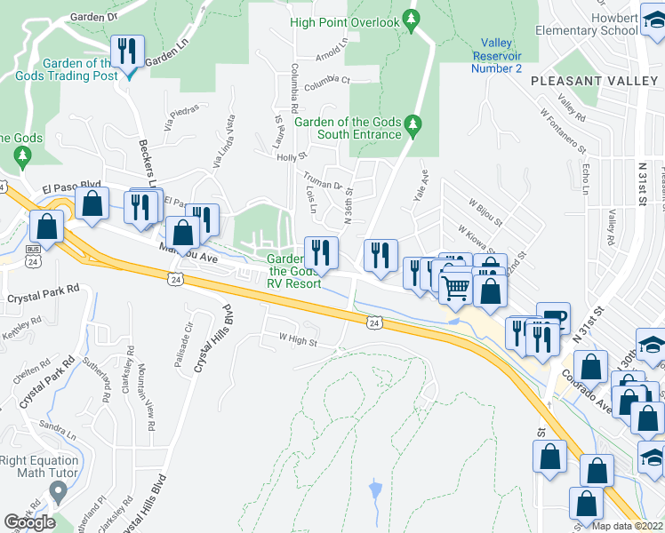 map of restaurants, bars, coffee shops, grocery stores, and more near 3610 West Pikes Peak Avenue in Colorado Springs