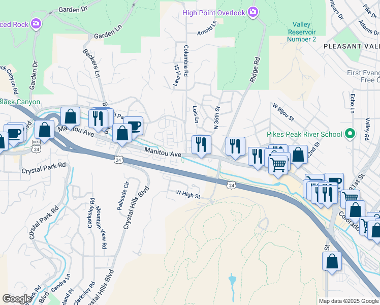 map of restaurants, bars, coffee shops, grocery stores, and more near 3629 West Pikes Peak Avenue in Colorado Springs