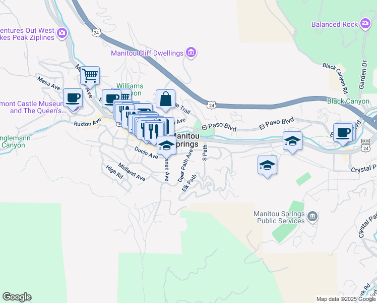 map of restaurants, bars, coffee shops, grocery stores, and more near in Manitou Springs