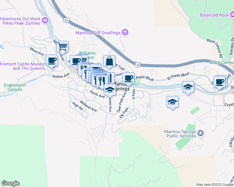 map of restaurants, bars, coffee shops, grocery stores, and more near in Manitou Springs