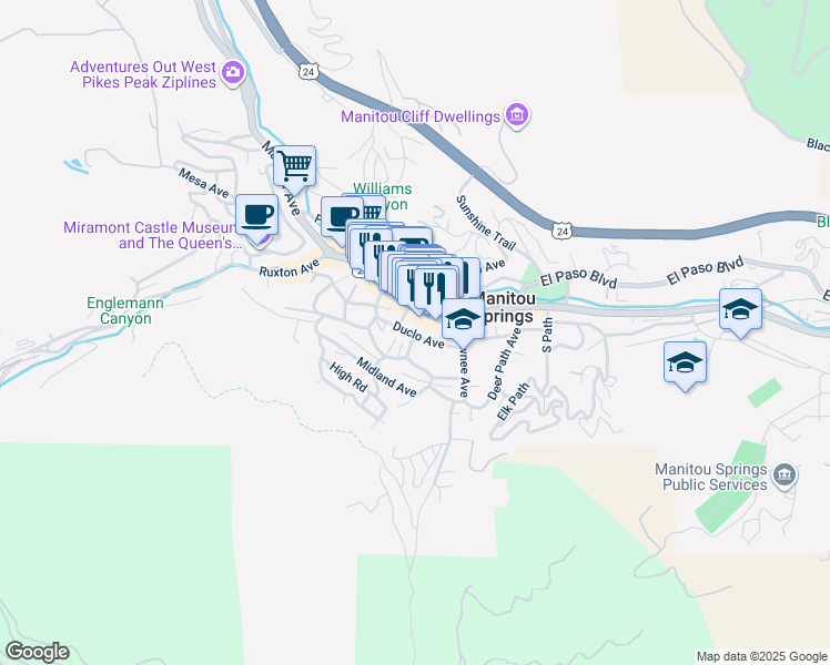 map of restaurants, bars, coffee shops, grocery stores, and more near 742a Manitou Avenue in Manitou Springs