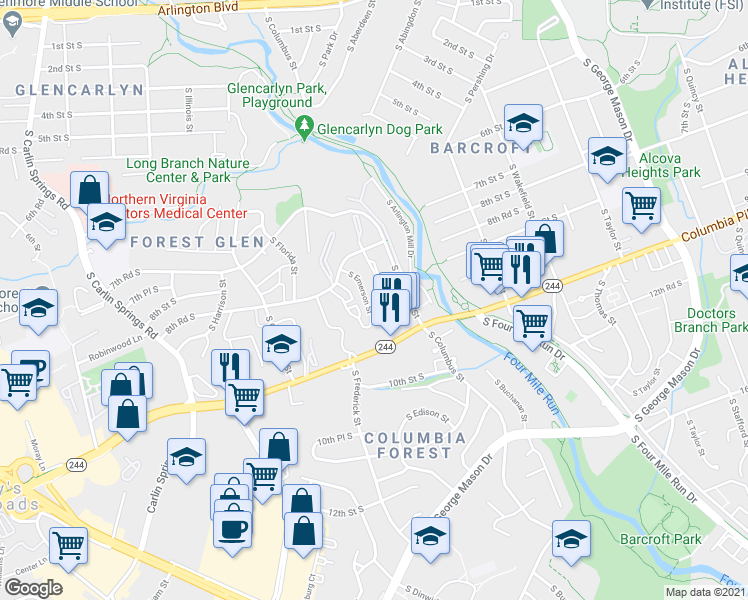 map of restaurants, bars, coffee shops, grocery stores, and more near 5100 8th Road South in Arlington