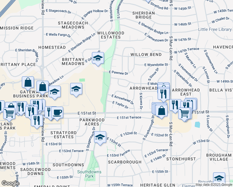 map of restaurants, bars, coffee shops, grocery stores, and more near 1921 East Mohawk Circle in Olathe