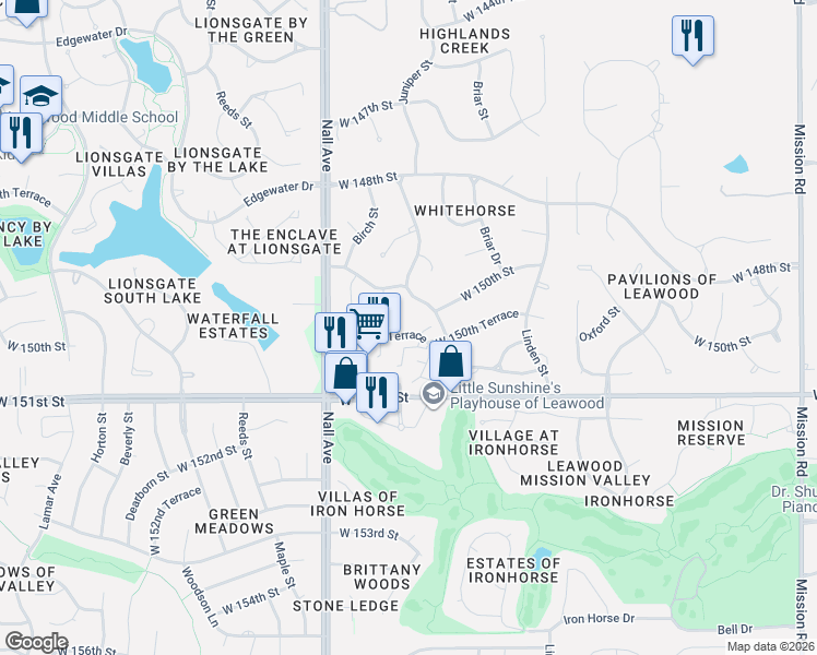 map of restaurants, bars, coffee shops, grocery stores, and more near 14956 Rosewood Drive in Overland Park
