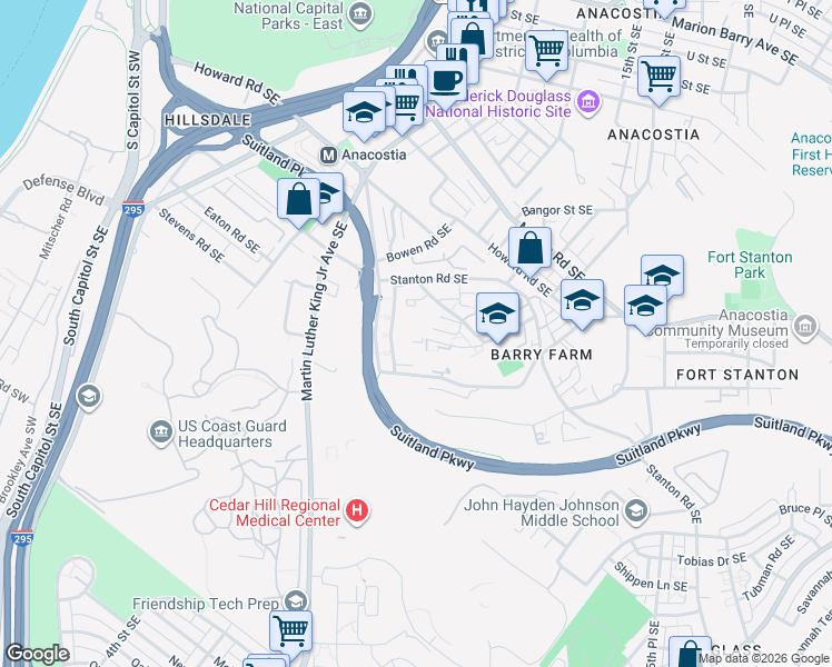 map of restaurants, bars, coffee shops, grocery stores, and more near 2850 Douglass Place Southeast in Washington