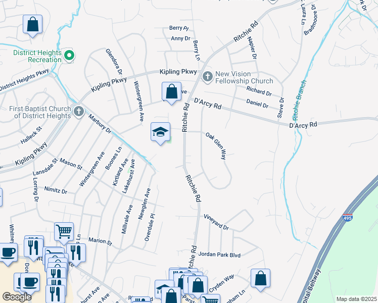 map of restaurants, bars, coffee shops, grocery stores, and more near 2312 Ritchie Road in District Heights
