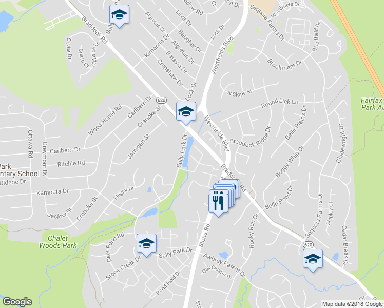 map of restaurants, bars, coffee shops, grocery stores, and more near 14616 Creek Valley Court in Centreville