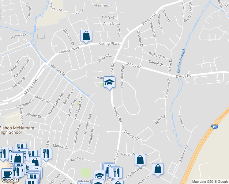map of restaurants, bars, coffee shops, grocery stores, and more near 2312 Ritchie Road in District Heights