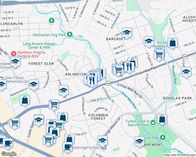 map of restaurants, bars, coffee shops, grocery stores, and more near 901 South Dinwiddie Street in Arlington