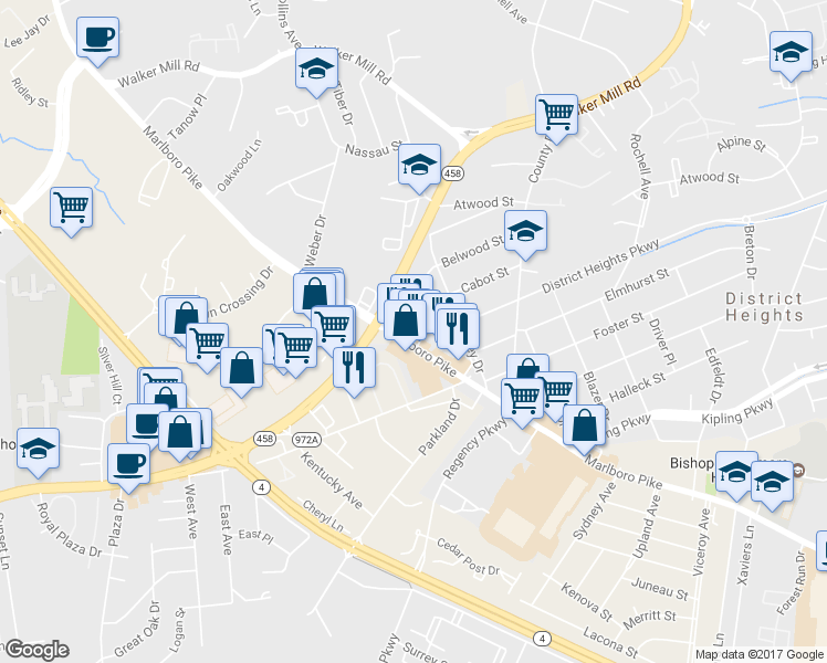 map of restaurants, bars, coffee shops, grocery stores, and more near 6002 Marlboro Pike in District Heights