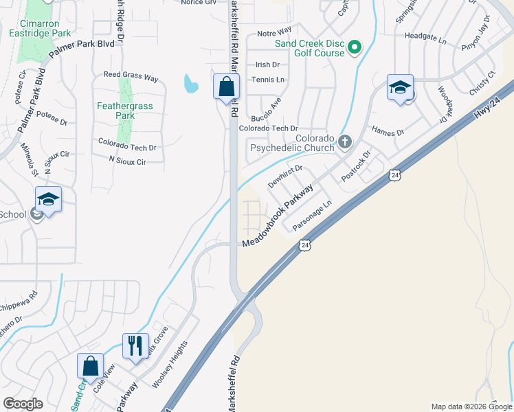 map of restaurants, bars, coffee shops, grocery stores, and more near 1779-1975 Marksheffel Road in Colorado Springs