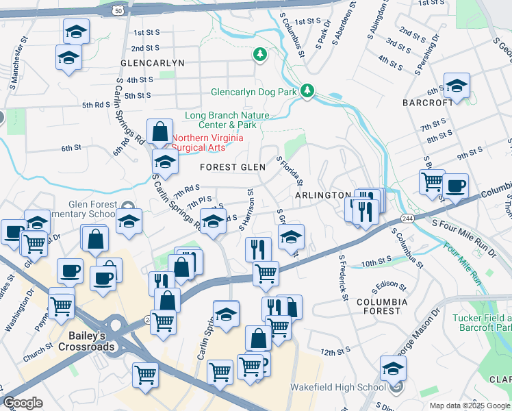 map of restaurants, bars, coffee shops, grocery stores, and more near 803 South Harrison Street in Arlington