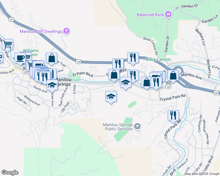 map of restaurants, bars, coffee shops, grocery stores, and more near 425 East Fountain Place in Manitou Springs