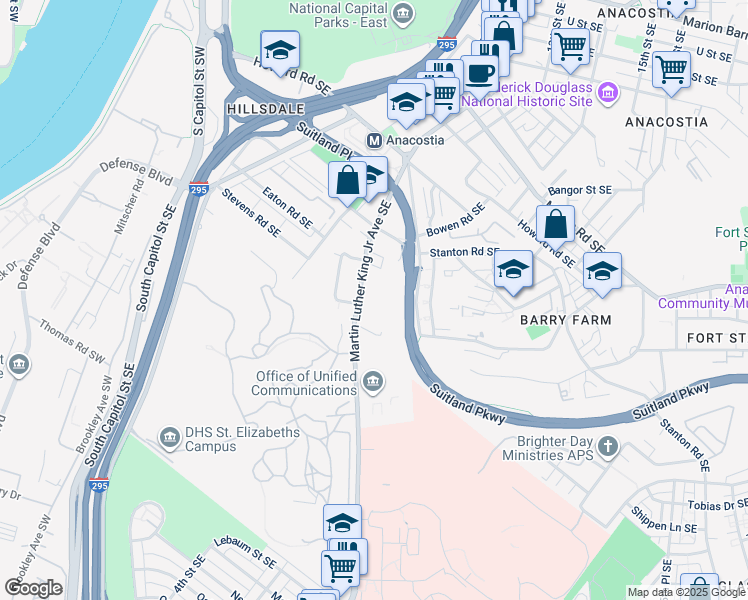 map of restaurants, bars, coffee shops, grocery stores, and more near 2652 Martin Luther King Junior Avenue Southeast in Washington