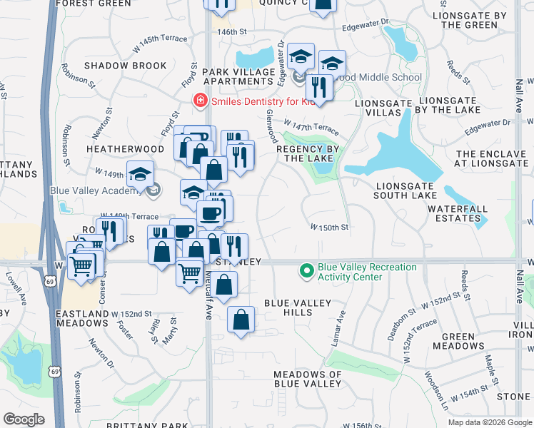 map of restaurants, bars, coffee shops, grocery stores, and more near 6701 West 149th Terrace in Overland Park