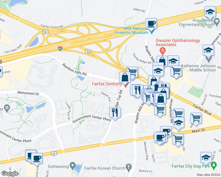 map of restaurants, bars, coffee shops, grocery stores, and more near 4129 Fountainside Lane in Fairfax