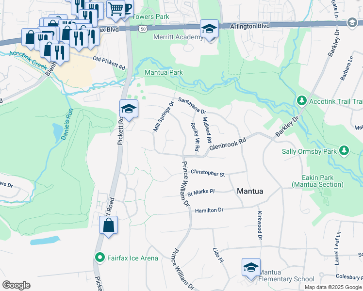 map of restaurants, bars, coffee shops, grocery stores, and more near 3326 Prince William Drive in Fairfax