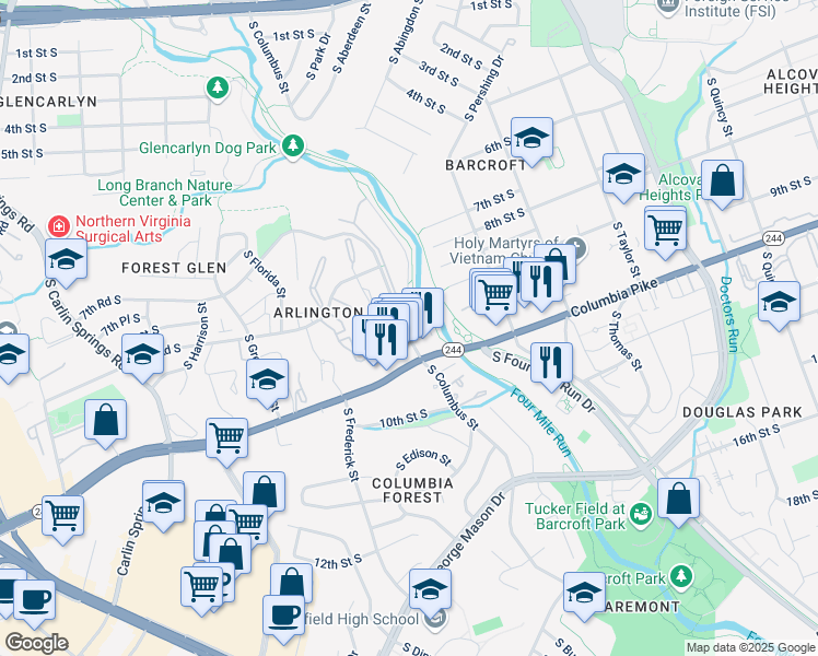 map of restaurants, bars, coffee shops, grocery stores, and more near 901 South Dinwiddie Street in Arlington