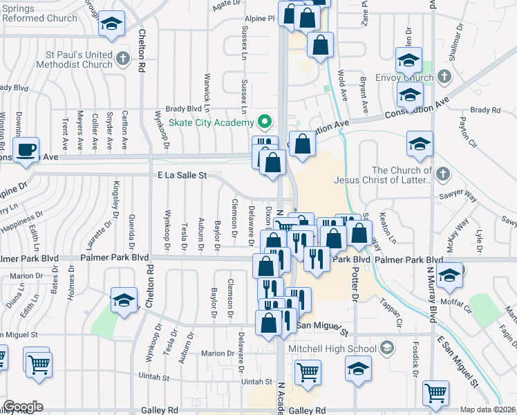 map of restaurants, bars, coffee shops, grocery stores, and more near 3754 East La Salle Street in Colorado Springs