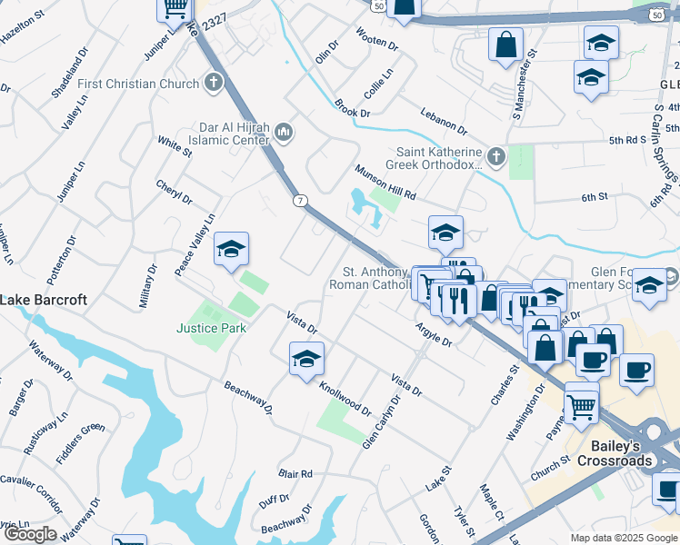 map of restaurants, bars, coffee shops, grocery stores, and more near 3309 Nevius Street in Falls Church