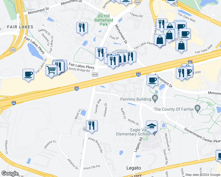 map of restaurants, bars, coffee shops, grocery stores, and more near Lincoln Lake Way in Fairfax