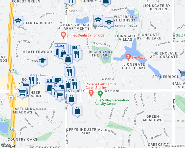 map of restaurants, bars, coffee shops, grocery stores, and more near 14921 Riggs Street in Overland Park