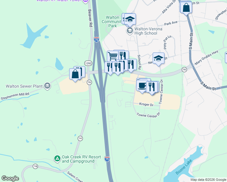 map of restaurants, bars, coffee shops, grocery stores, and more near 13173 Service Road in Walton