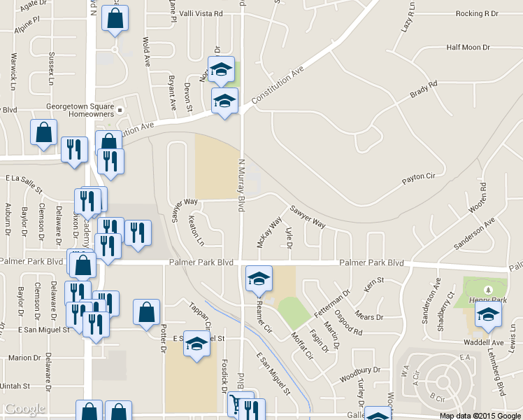 map of restaurants, bars, coffee shops, grocery stores, and more near 1625 North Murray Boulevard in Colorado Springs